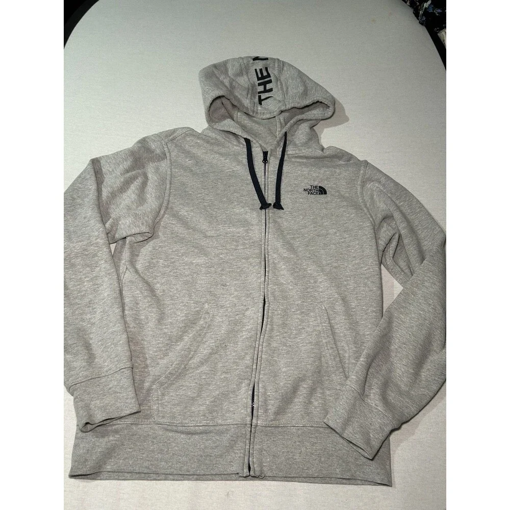 The North Face gray hoodie men's L full-length zipper, logo along edge of hood